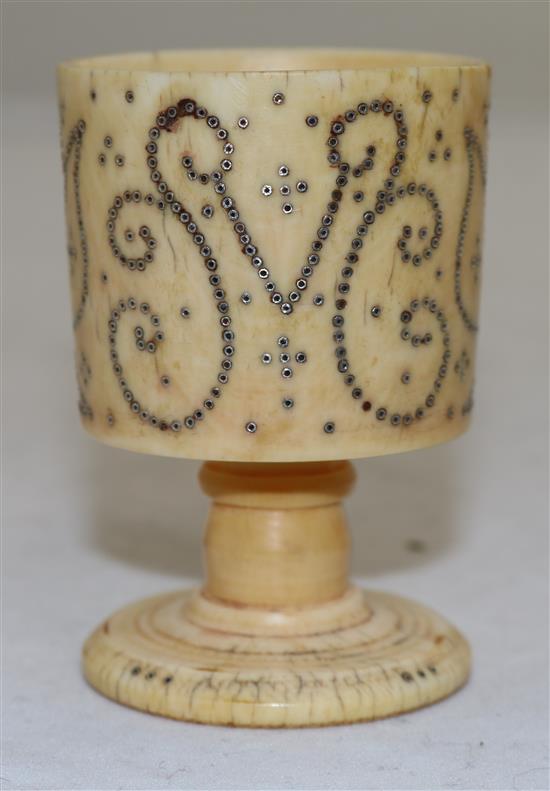 A rare English ivory and pique work cup, c.1700, height 7.5cm (3in.)